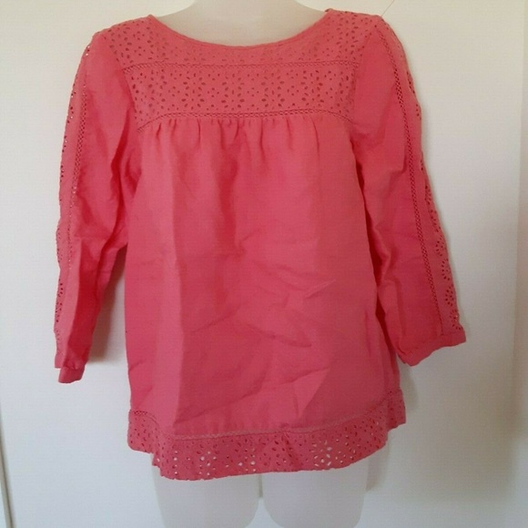 J. CREW Vintage Pink or Coral Linen and Lace Eyelet Boho Peasant Blouse Size XS - Picture 8 of 8